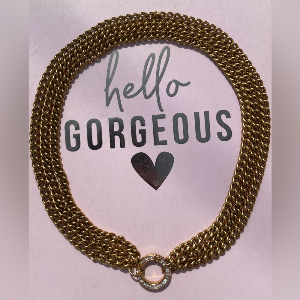 Gold Plated Multi Chain Necklace w/ Pavé Clasp | 16” Statement